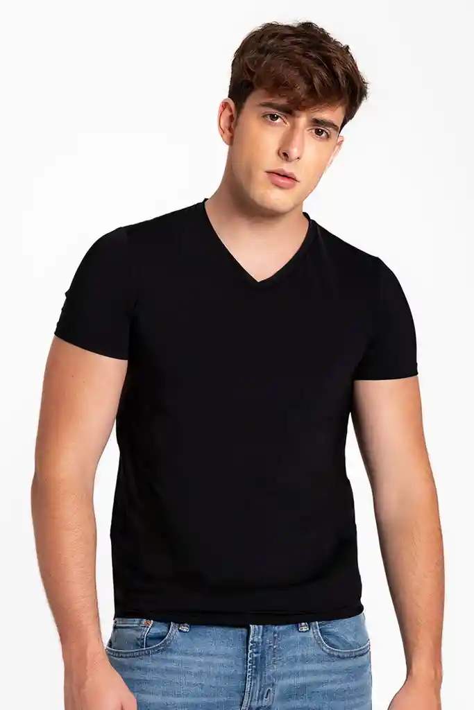 Camiseta Cuello V Unicolor De Microfibra Premium (3987) Negro S