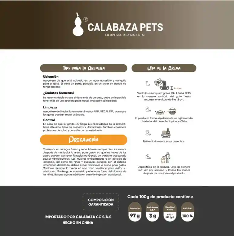 Arena Calabaza Pets 100% Bentonita 10 Kg Café