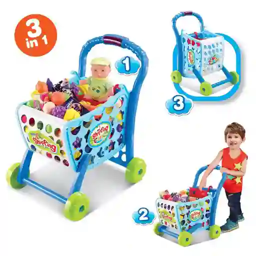 Carrito De Mercado Musical Con Luces Y 28 Accesorios Azul