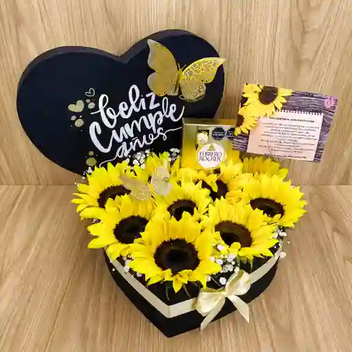 Caja Corazón Con Girasoles Y Chocolates