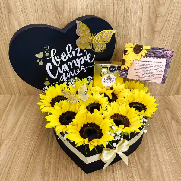 Caja Corazón Con Girasoles Y Chocolates