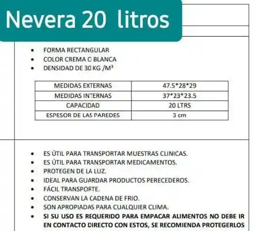 Nevera Icopor 20 Litros, Cava 20 Litros
