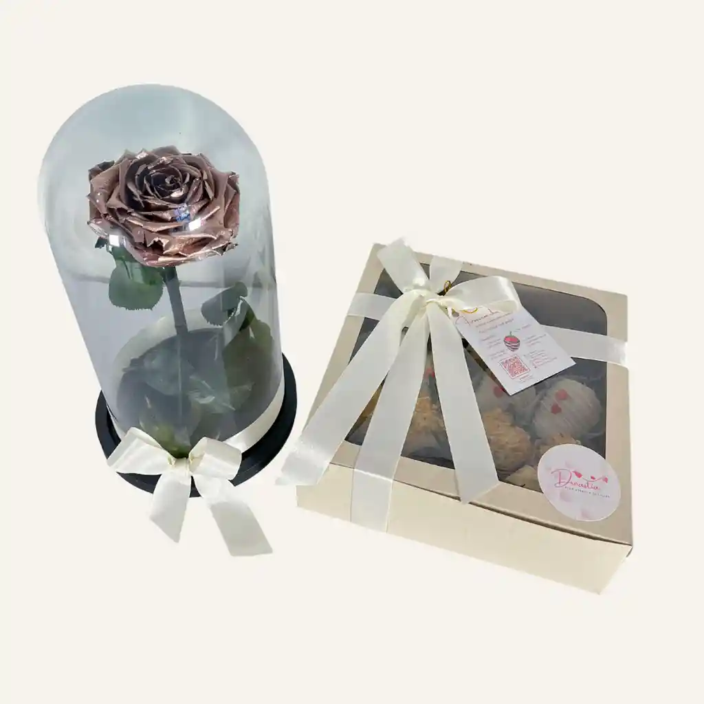 Cupula De Rosa Eterna Champaña De 30 Cm Mas Caja X 16 Fresas Con Chocolate