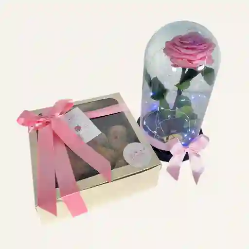 Cupula De Rosa Eterna Rosada Con Luces De 30 Cm Mas Caja X 16 Fresas Con Chocolate