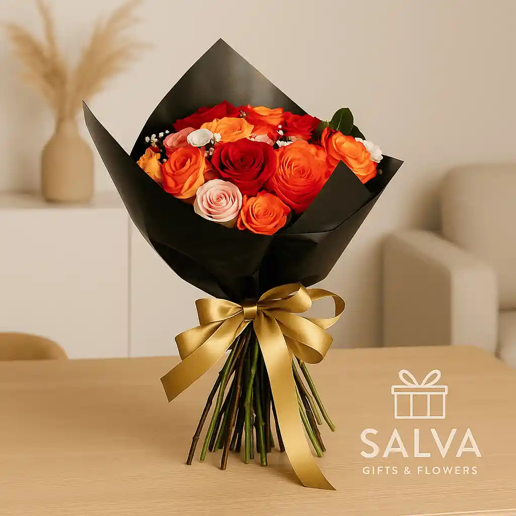 🌹 Bouquet Con 30 Rosas Surtidas, Follajes, Papeles Y Cinta De Lujo
