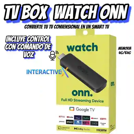 Tvbox Watch Onn/ Tv Smart/ Watch Onn Hd 4k Convertidor A Smart Tv Streaming Control Remoto De Voz