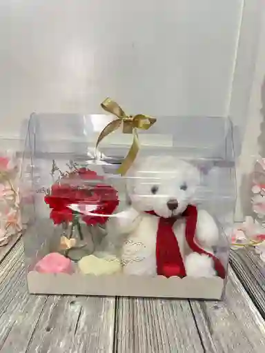 Caja Tipo Lonchera Con Osito Bufanda 20 Cm, Tea Hatsu , Arreglo De Claveles Y Rellenos De Chocolate