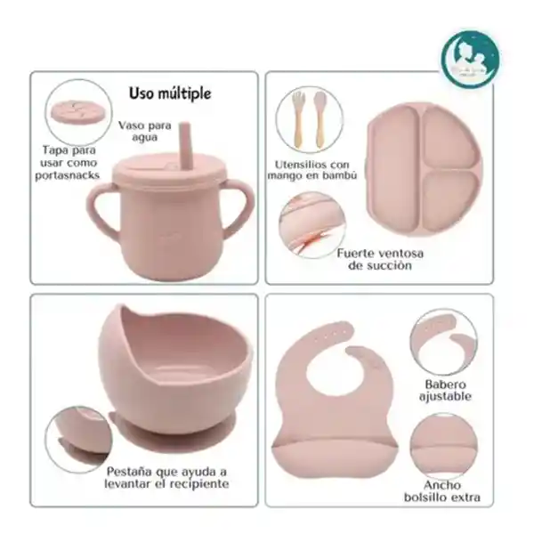 Set De Vajilla Silicona Para Bebés Platos Babero Y Cubiertos Set X5