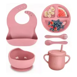 Set De Vajilla Silicona Para Bebés Platos Babero Y Cubiertos Set X5