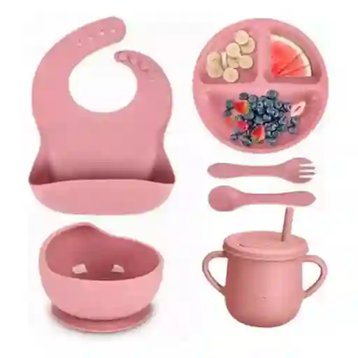 Set De Vajilla Silicona Para Bebés Platos Babero Y Cubiertos Set X5