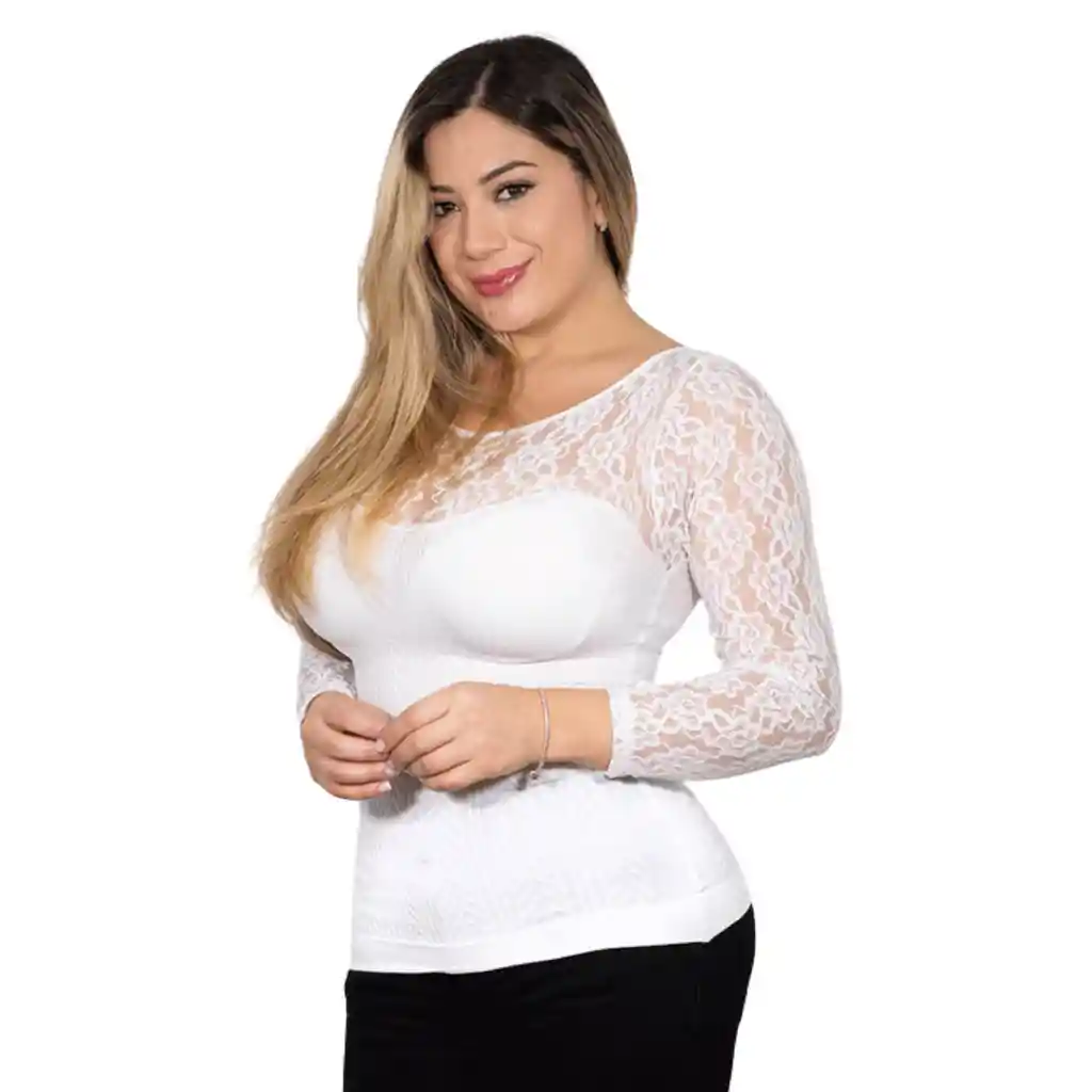 5025-blusa Moldeadora Control Abdomen Con Encaje Manga Larga Color: Blanco Talla:unica