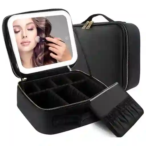 Estuche Neceser Espejo Luz Cosmético Viaje Maleta Maquillaje Cuadrado Negro Led