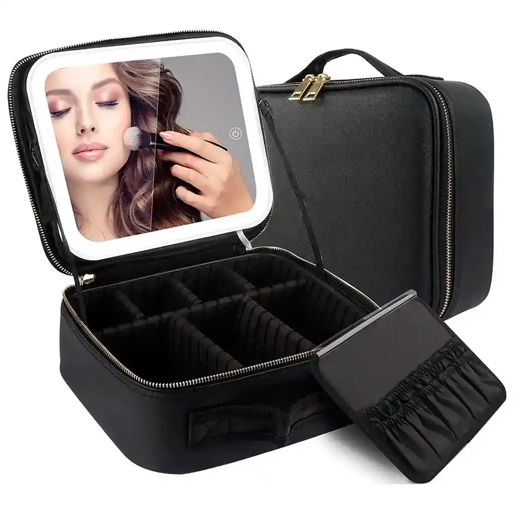 Estuche Neceser Espejo Luz Cosmético Viaje Maleta Maquillaje Cuadrado Negro Led