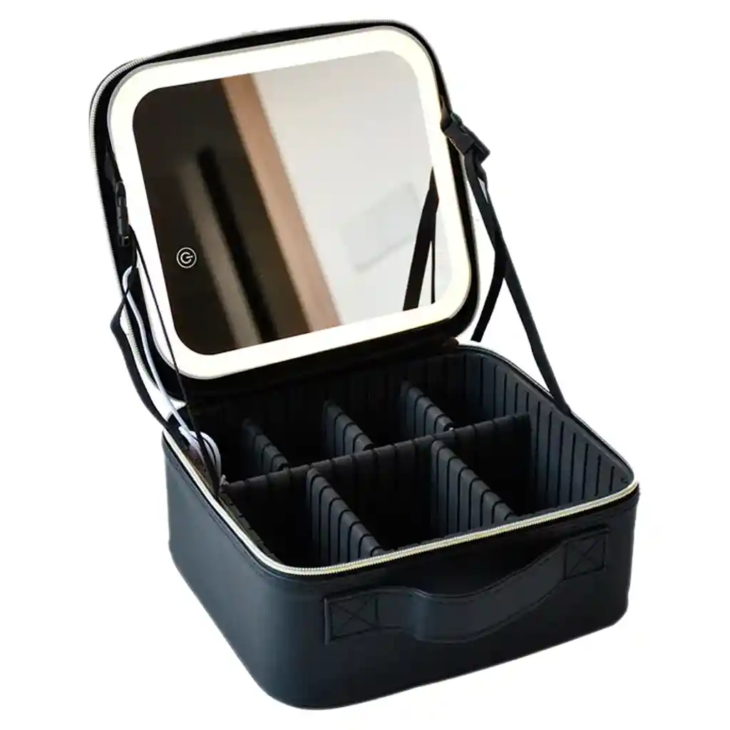 Estuche Neceser Espejo Luz Cosmético Viaje Maleta Maquillaje Cuadrado Negro Led