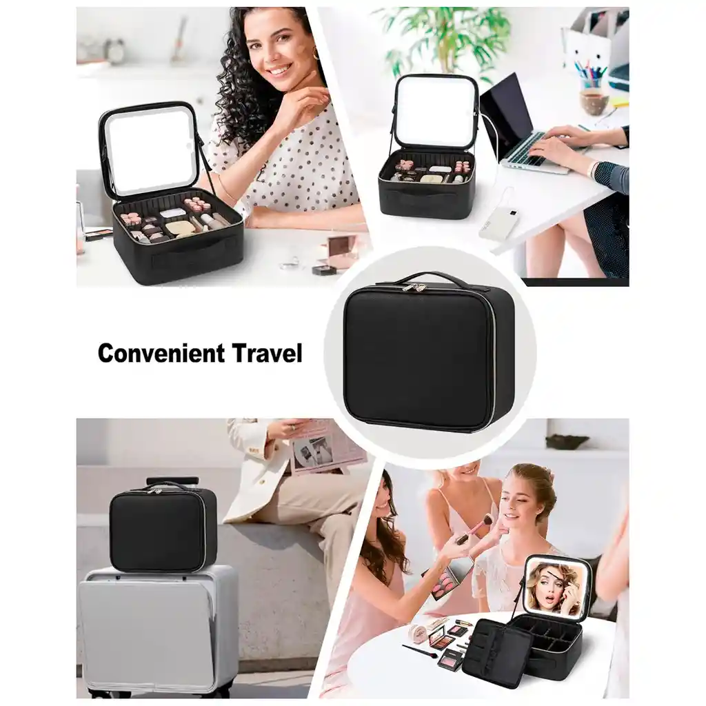 Estuche Neceser Espejo Luz Cosmético Viaje Maleta Maquillaje Cuadrado Negro Led