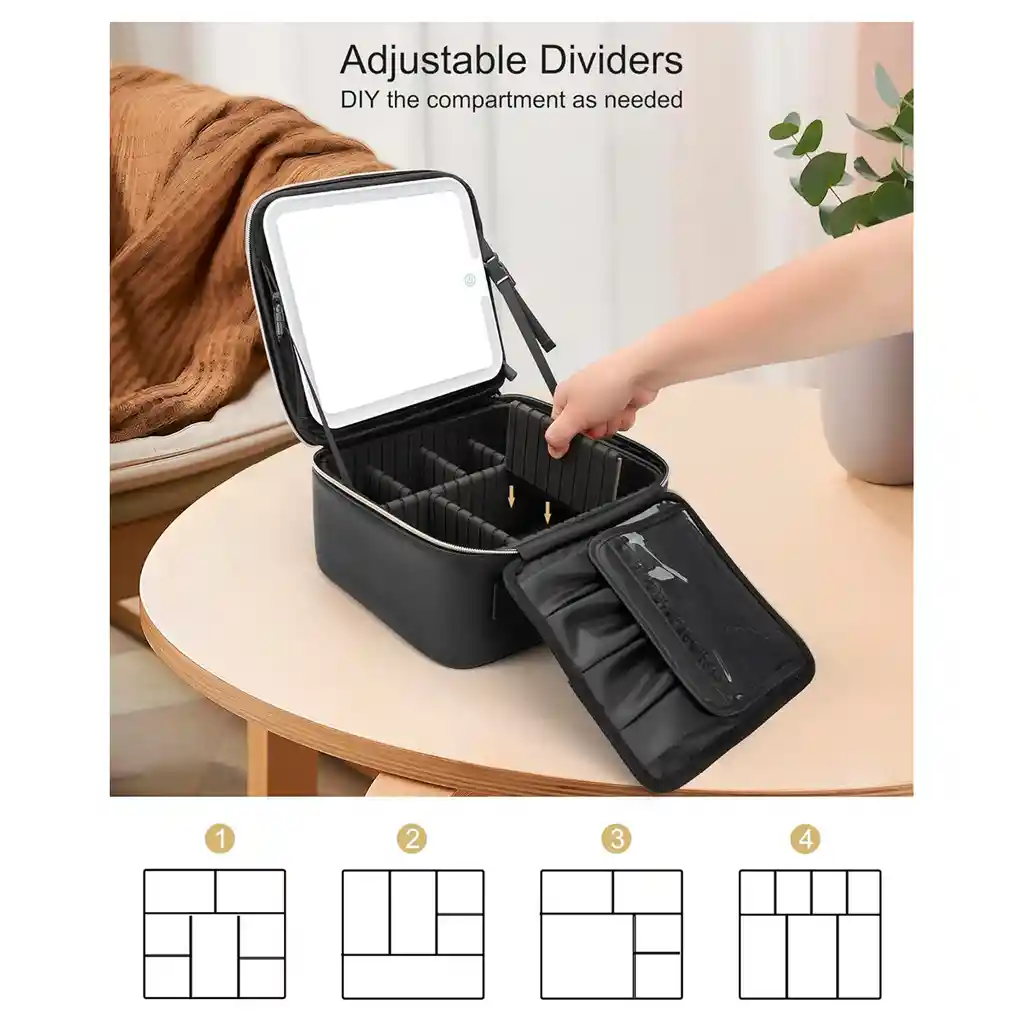 Estuche Neceser Espejo Luz Cosmético Viaje Maleta Maquillaje Cuadrado Negro Led