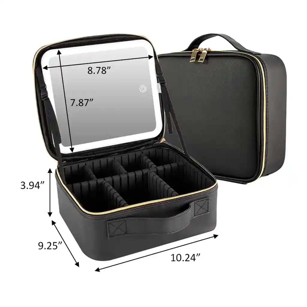 Estuche Neceser Espejo Luz Cosmético Viaje Maleta Maquillaje Cuadrado Negro Led