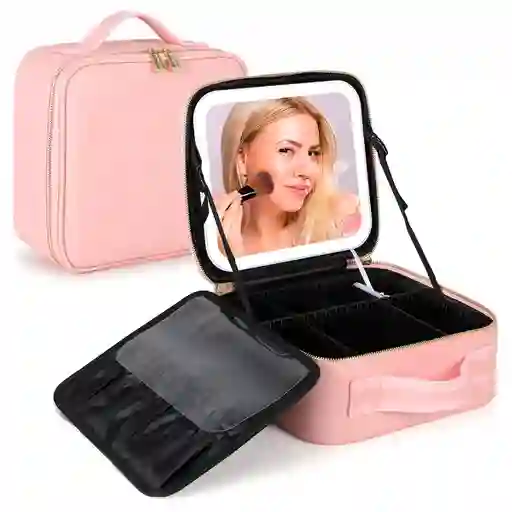 Estuche Neceser Espejo Luz Cosmético Viaje Maleta Maquillaje Cuadrado Rosado Led
