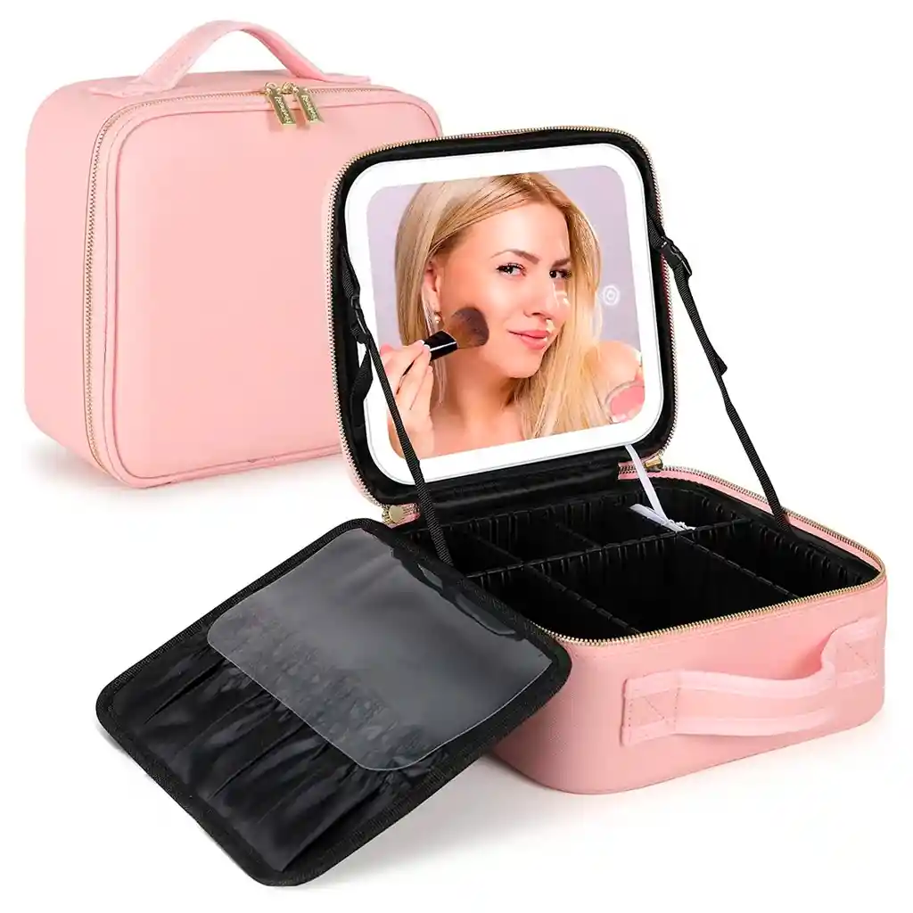 Estuche Neceser Espejo Luz Cosmético Viaje Maleta Maquillaje Cuadrado Rosado Led
