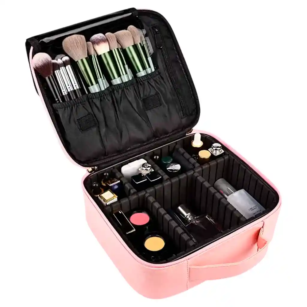 Estuche Neceser Espejo Luz Cosmético Viaje Maleta Maquillaje Cuadrado Rosado Led