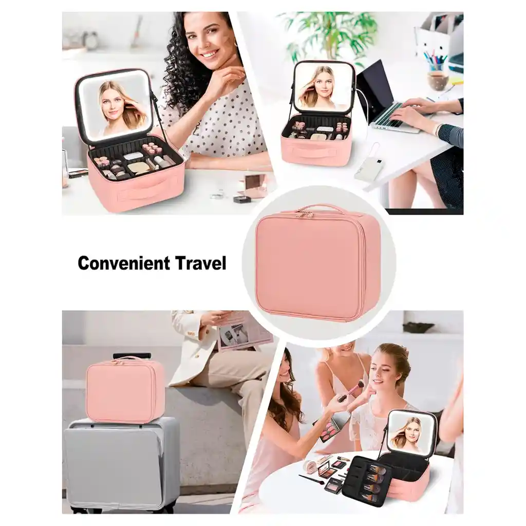 Estuche Neceser Espejo Luz Cosmético Viaje Maleta Maquillaje Cuadrado Rosado Led