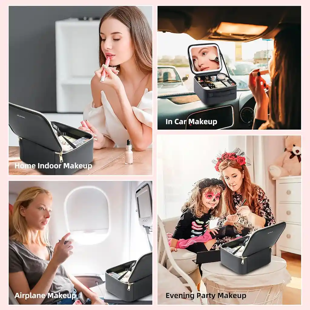 Estuche Neceser Espejo Luz Cosmético Viaje Maleta Maquillaje Cuadrado Rosado Led
