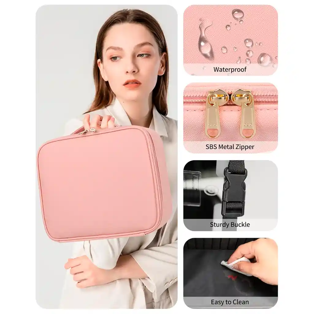 Estuche Neceser Espejo Luz Cosmético Viaje Maleta Maquillaje Cuadrado Rosado Led