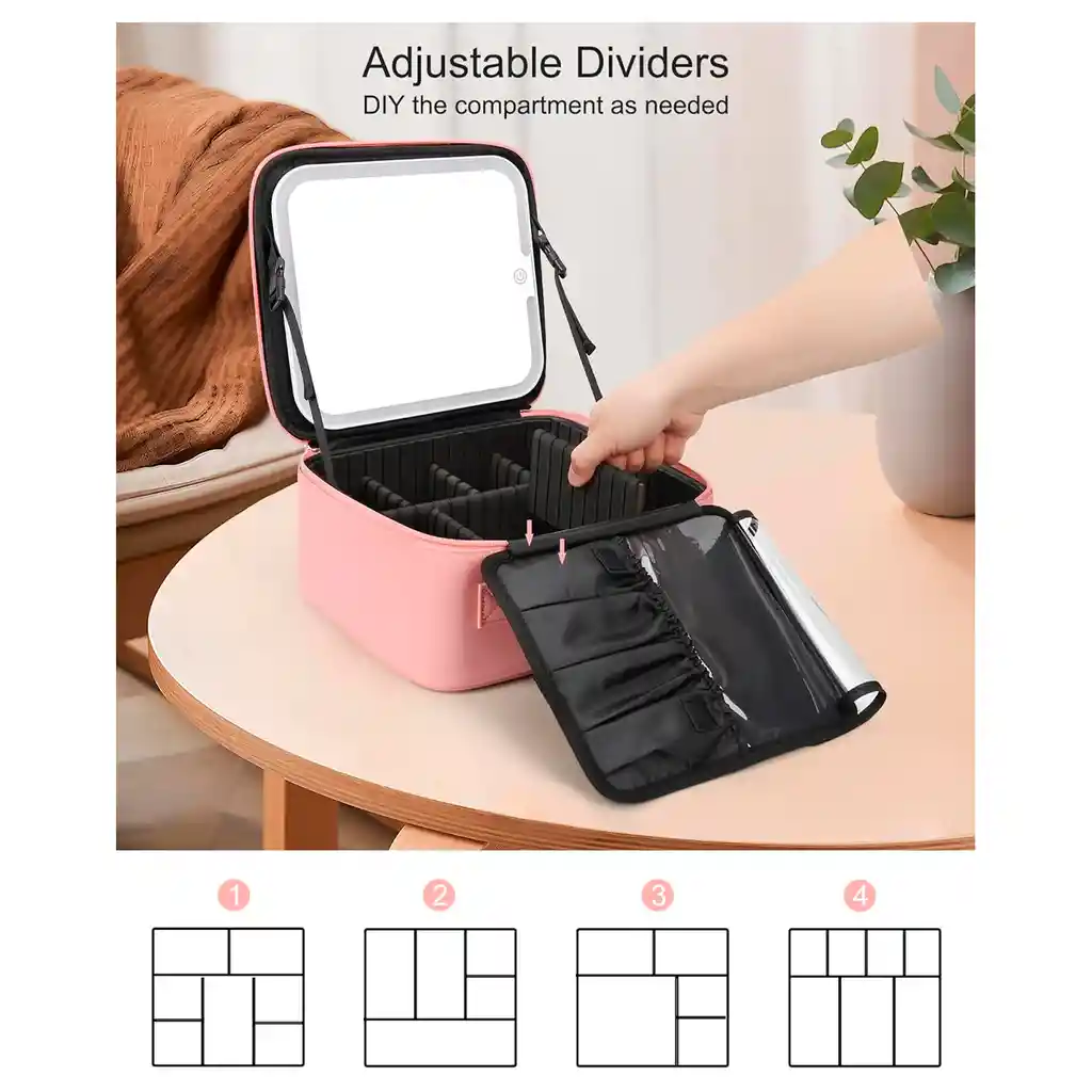 Estuche Neceser Espejo Luz Cosmético Viaje Maleta Maquillaje Cuadrado Rosado Led