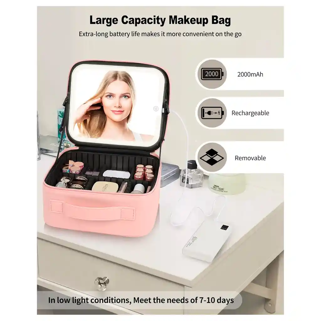 Estuche Neceser Espejo Luz Cosmético Viaje Maleta Maquillaje Cuadrado Rosado Led