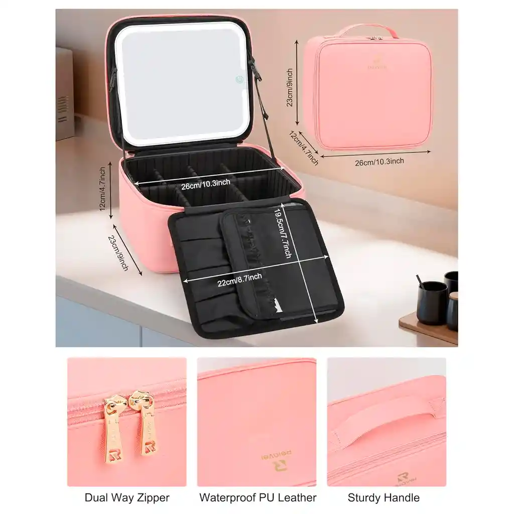Estuche Neceser Espejo Luz Cosmético Viaje Maleta Maquillaje Cuadrado Rosado Led