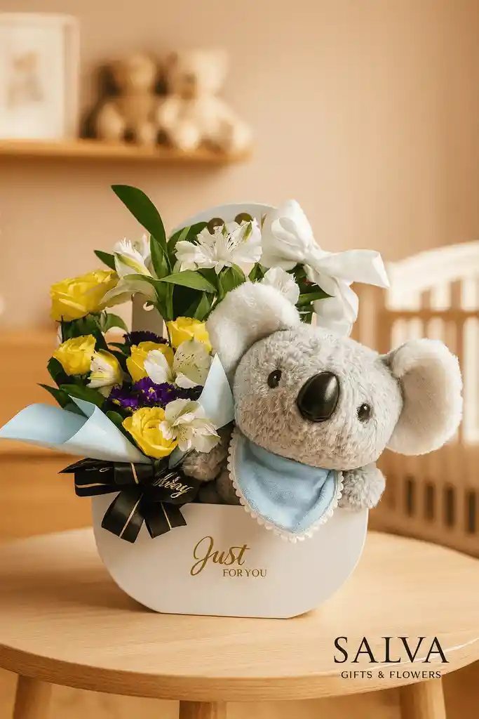 Arreglo Flores Baby Shower Nacimiento Y Peluche Koala
