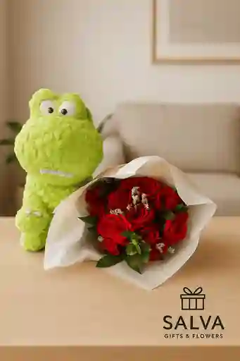 Bouquet Rosas 18 Rojas Y Peluche Dinosaurio Neon