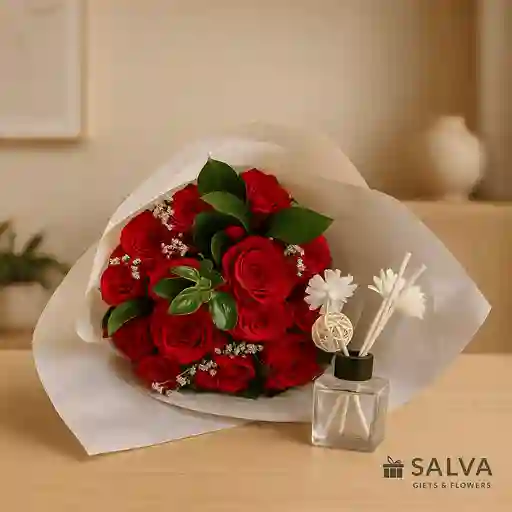 Bouquet De Rosas Rojas Y Difusor De Aromas