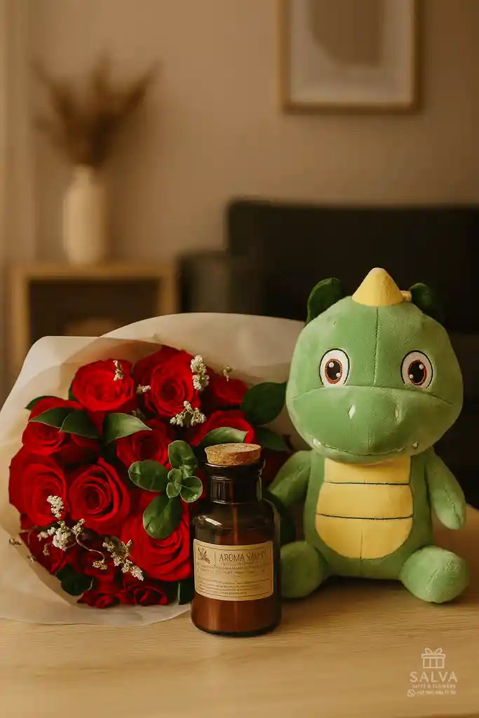 Arreglo Floral Bouquet 18 Rosas Rojas Y Dragón Peluche Y Vela De Soya