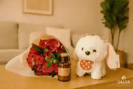 Combo De Ramo De Rosas Rojas, Peluche Perro Premium Y Vela De Soya