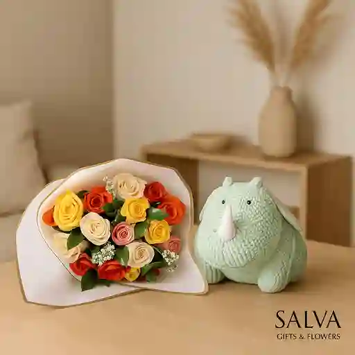 Combo Rosas Surtidas Y Rinoceronte
