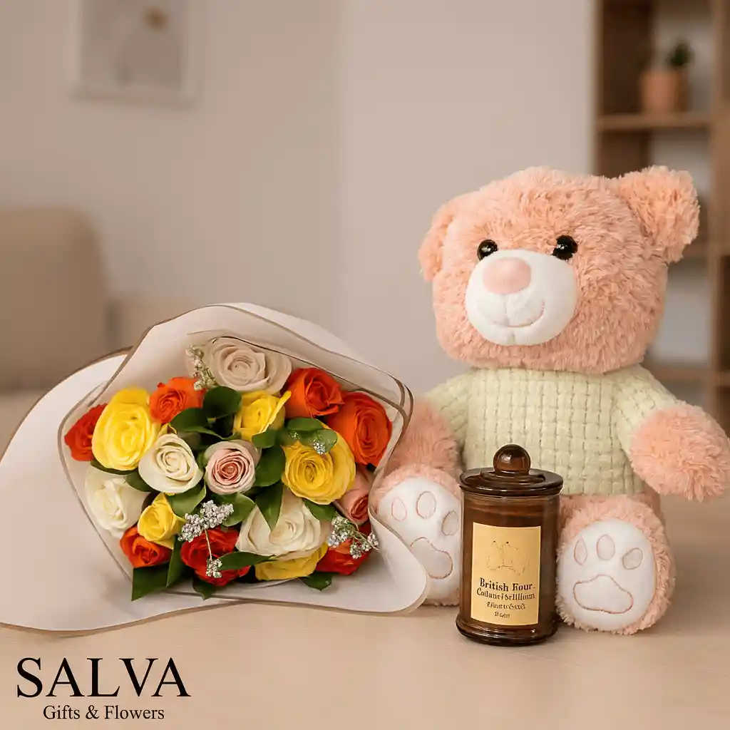 Combo Bouquet 18 Rosas Surtidas, Vela Y Oso