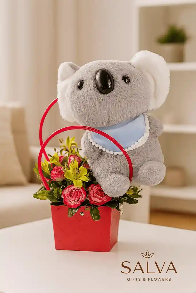 Flores Astromelias Y Rosas En Bolsa De Regalo Y Peluche Koala Edición Salva