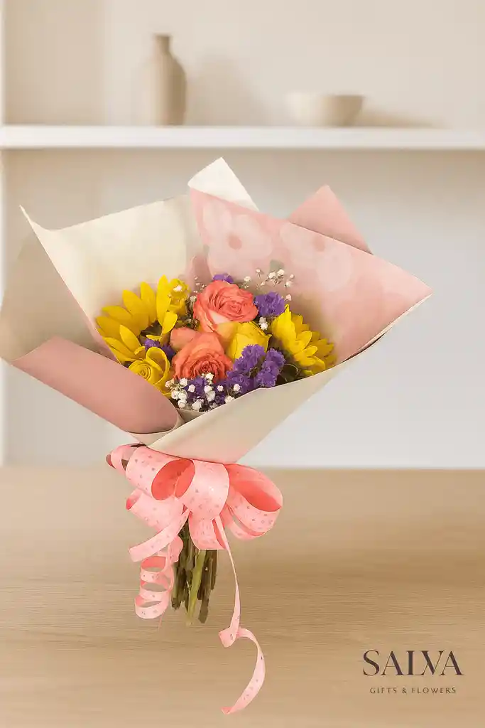 Bouquet Rosas Surtidas Y Girasoles