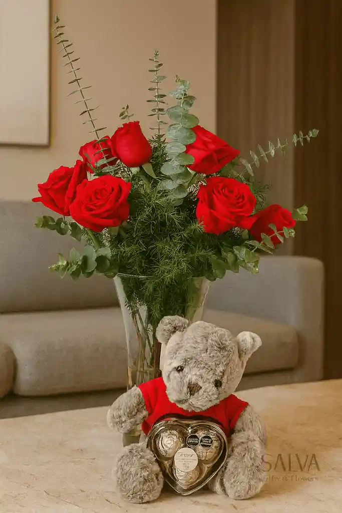 🌹 Florero Deluxe Con 12 Rosas Rojas + Osito De Peluche + Chocolates Gourmet