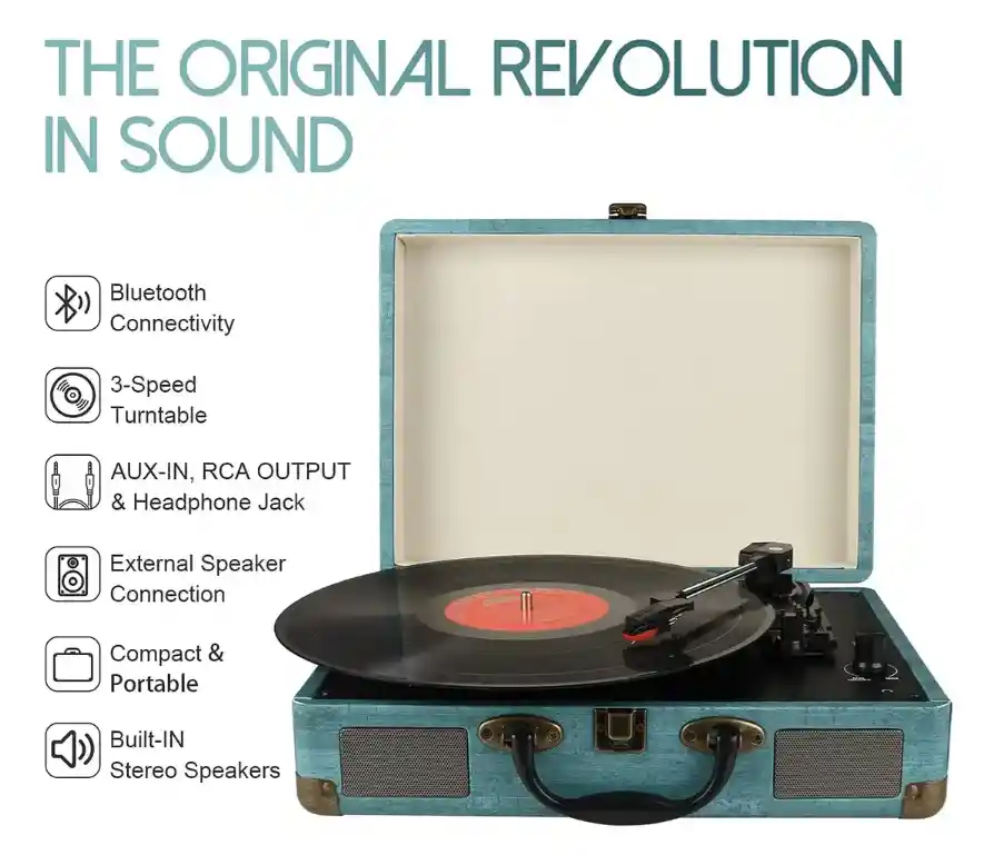 Toca Discos De Vinilo Con Bluetooth De 3 Velocidades