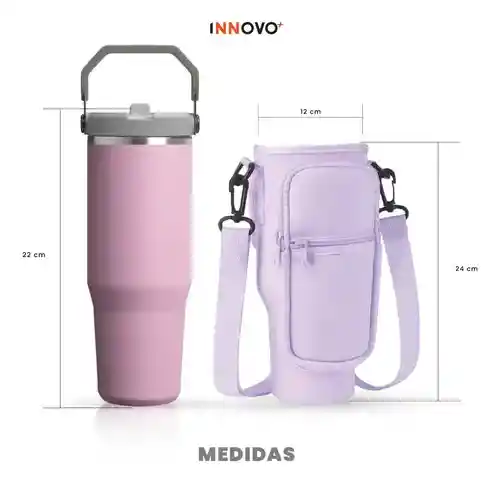 Termo 900 Ml Flip Con Funda De Neopreno Rosa Con Correa Y Bolsillos Innovo Lila