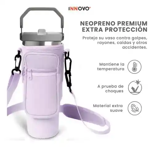 Termo 900 Ml Flip Con Funda De Neopreno Rosa Con Correa Y Bolsillos Innovo Lila