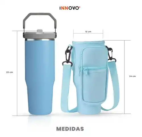 Termo 900 Ml Flip Con Funda De Neopreno Rosa Con Correa Y Bolsillos Innovo Azul