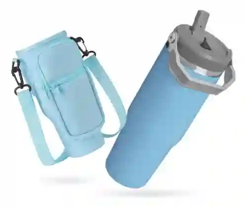 Termo 900 Ml Flip Con Funda De Neopreno Rosa Con Correa Y Bolsillos Innovo Azul
