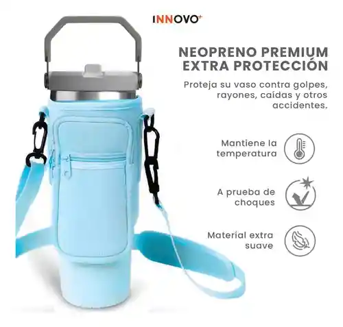 Termo 900 Ml Flip Con Funda De Neopreno Rosa Con Correa Y Bolsillos Innovo Azul
