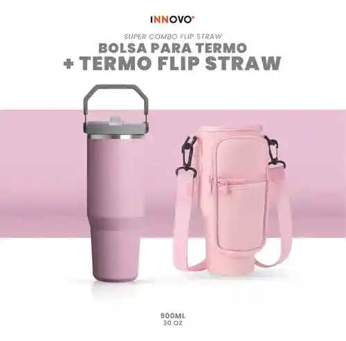 Termo 900 Ml Flip Con Funda De Neopreno Rosa Con Correa Y Bolsillos Innovo Rosa