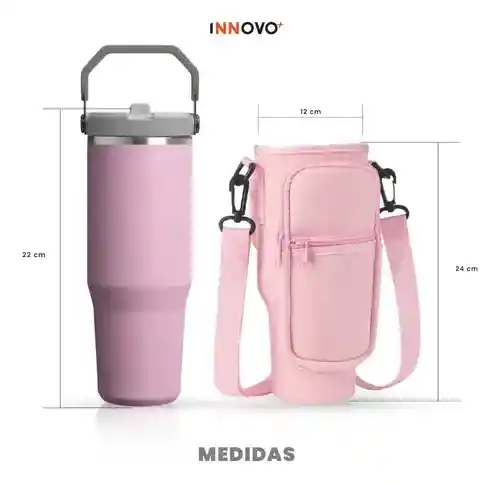 Termo 900 Ml Flip Con Funda De Neopreno Rosa Con Correa Y Bolsillos Innovo Rosa