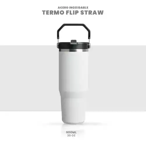 Termo Acero Inoxidable 900ml Flip Straw Antiderrames Blanco