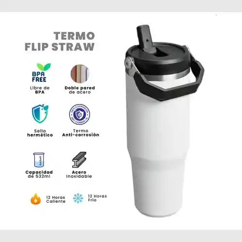 Termo Acero Inoxidable 900ml Flip Straw Antiderrames Blanco